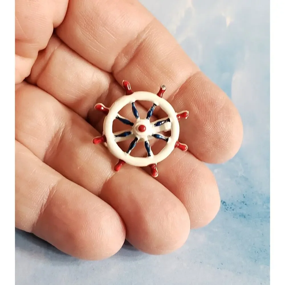 Small Vintage Nautical Pin Red‎ White Blue Enamel Ships Wheel Brooch sob-
